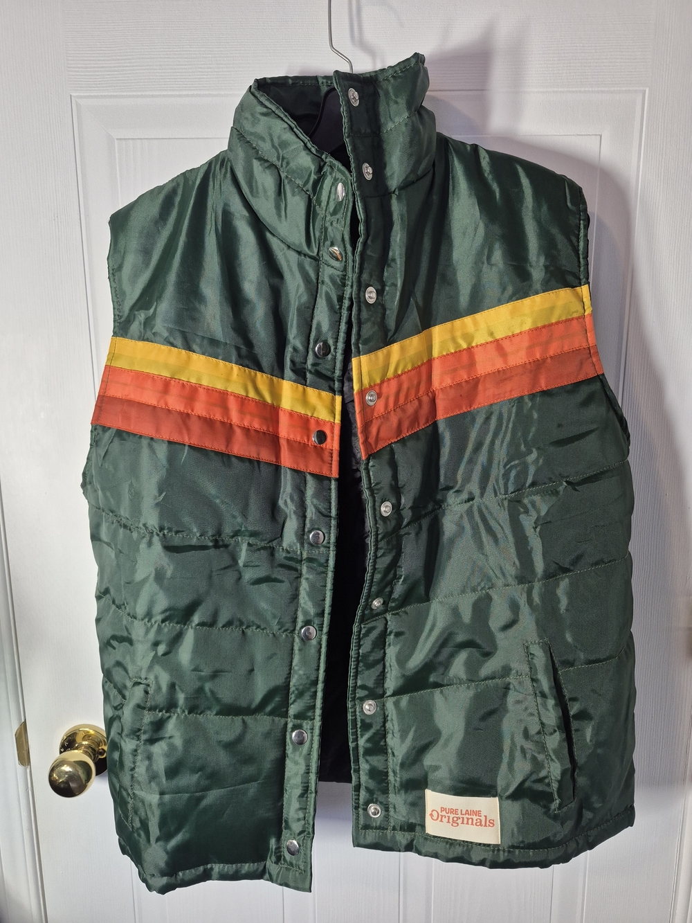Vintage 70s Chevron Stripe Puffer Vest Green Medium Liberty Clothing Retro Ski